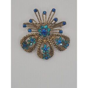 Vintage Brooch Starburst Blue Green Rhinestones Gold Tone Ornate Statement